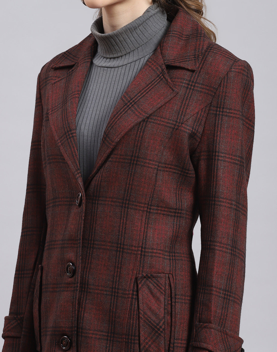 Women Maroon Check Lapel Collar Full Sleeve Coat