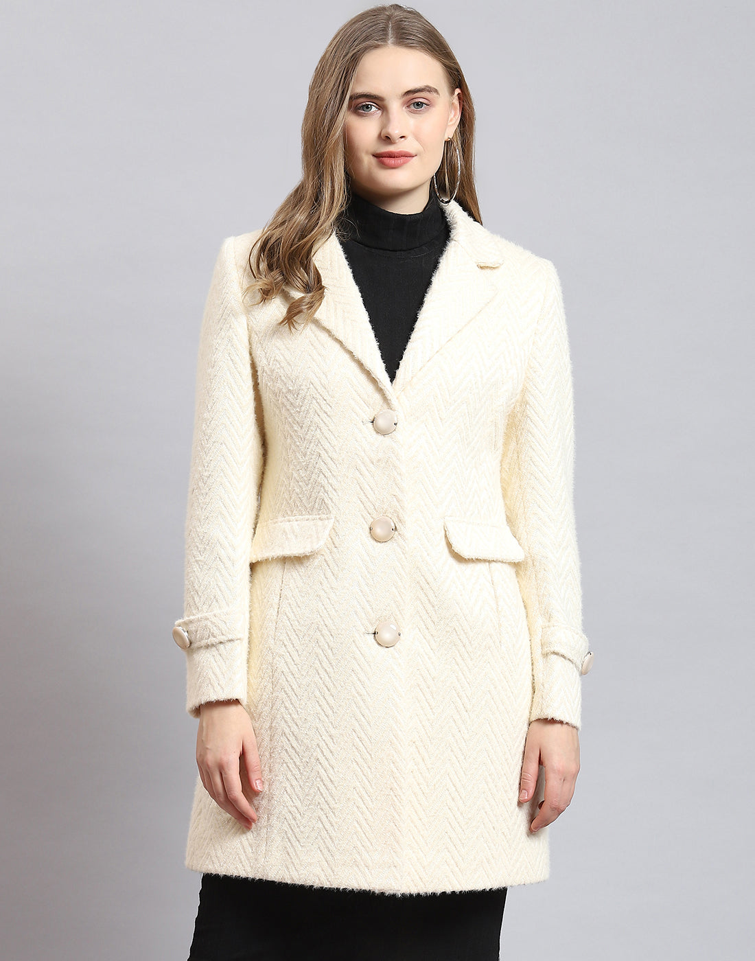 Women Beige Self Design Lapel Collar Full Sleeve Coat