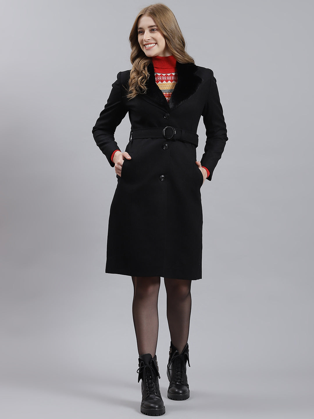 Women Black Plain Long Coat