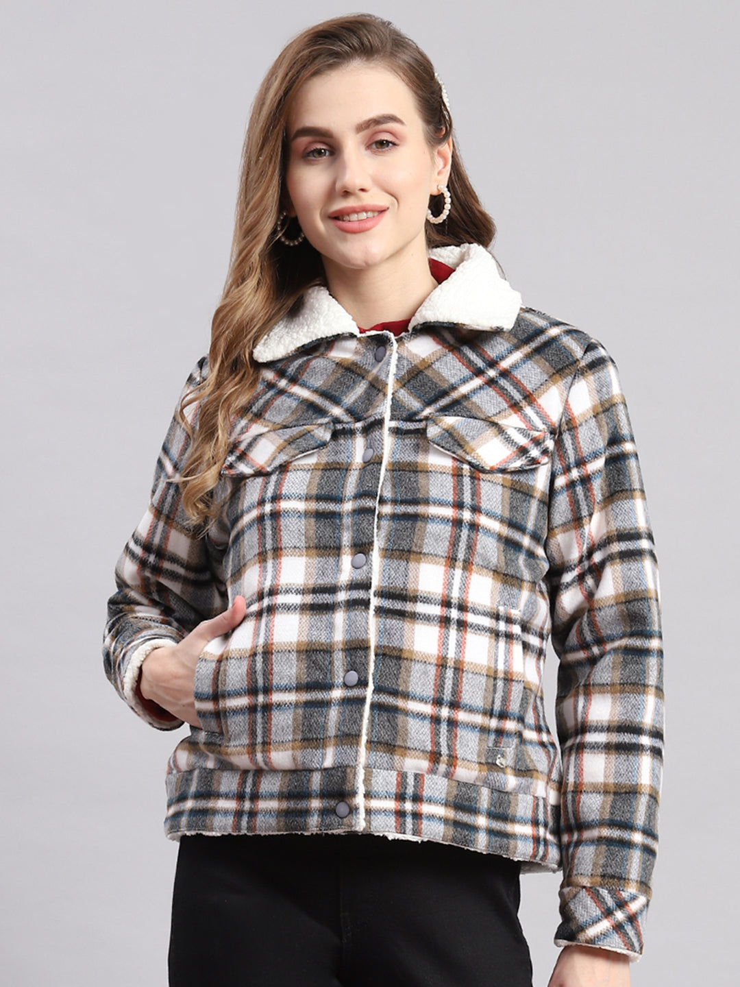 Women Grey Check Spread Collar Full Sleeve Jackets