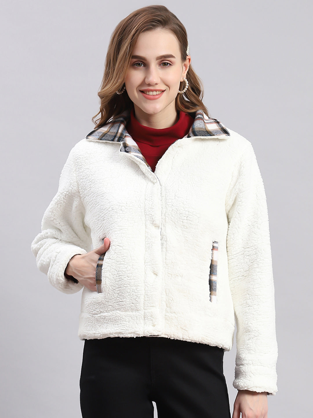 Women Grey Check Spread Collar Full Sleeve Jackets