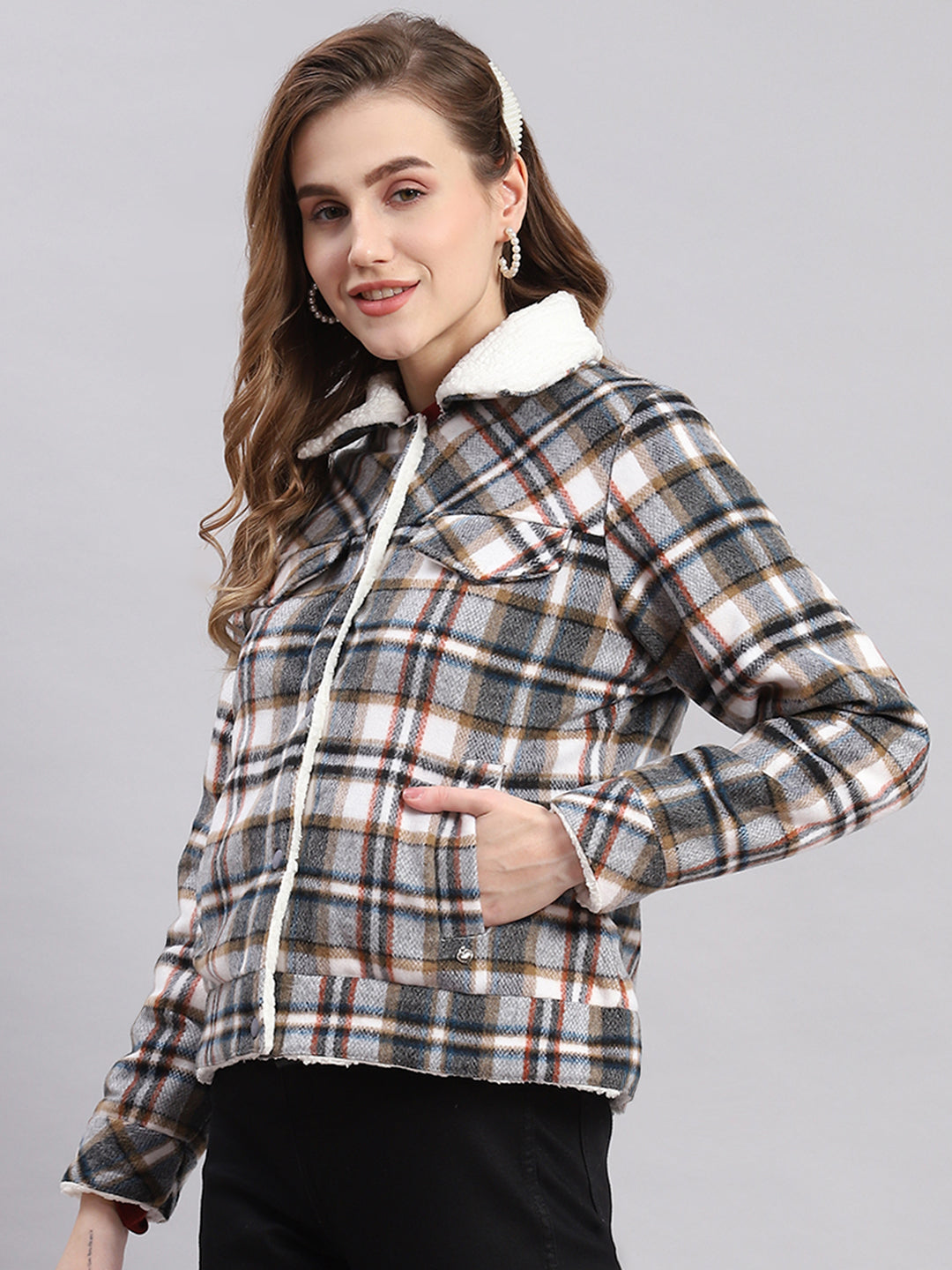 Women Grey Check Spread Collar Full Sleeve Jackets