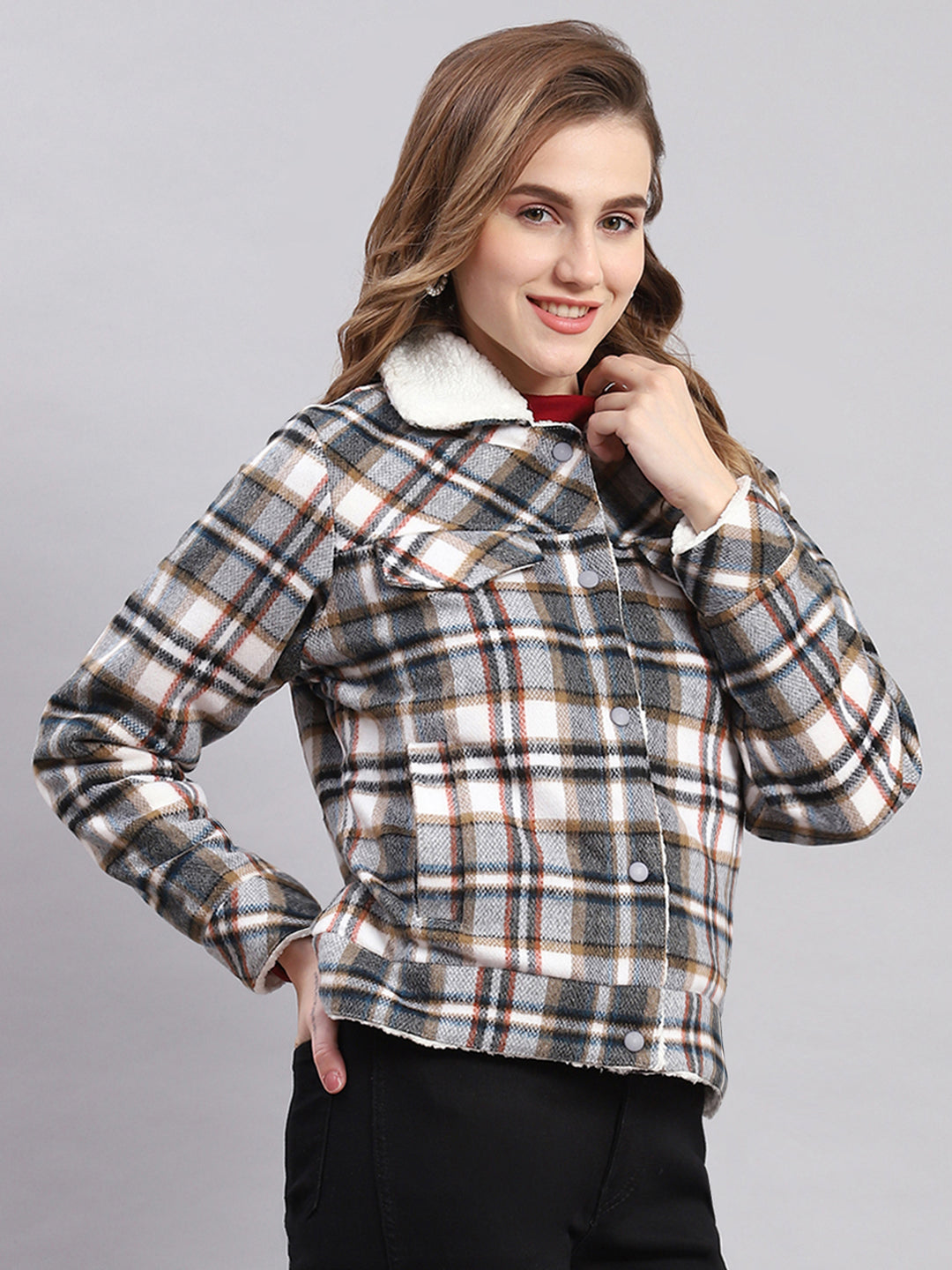 Women Grey Check Spread Collar Full Sleeve Jackets