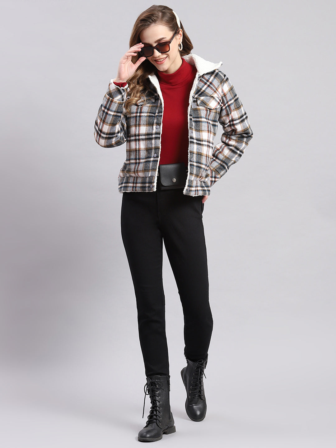 Women Grey Check Spread Collar Full Sleeve Jackets