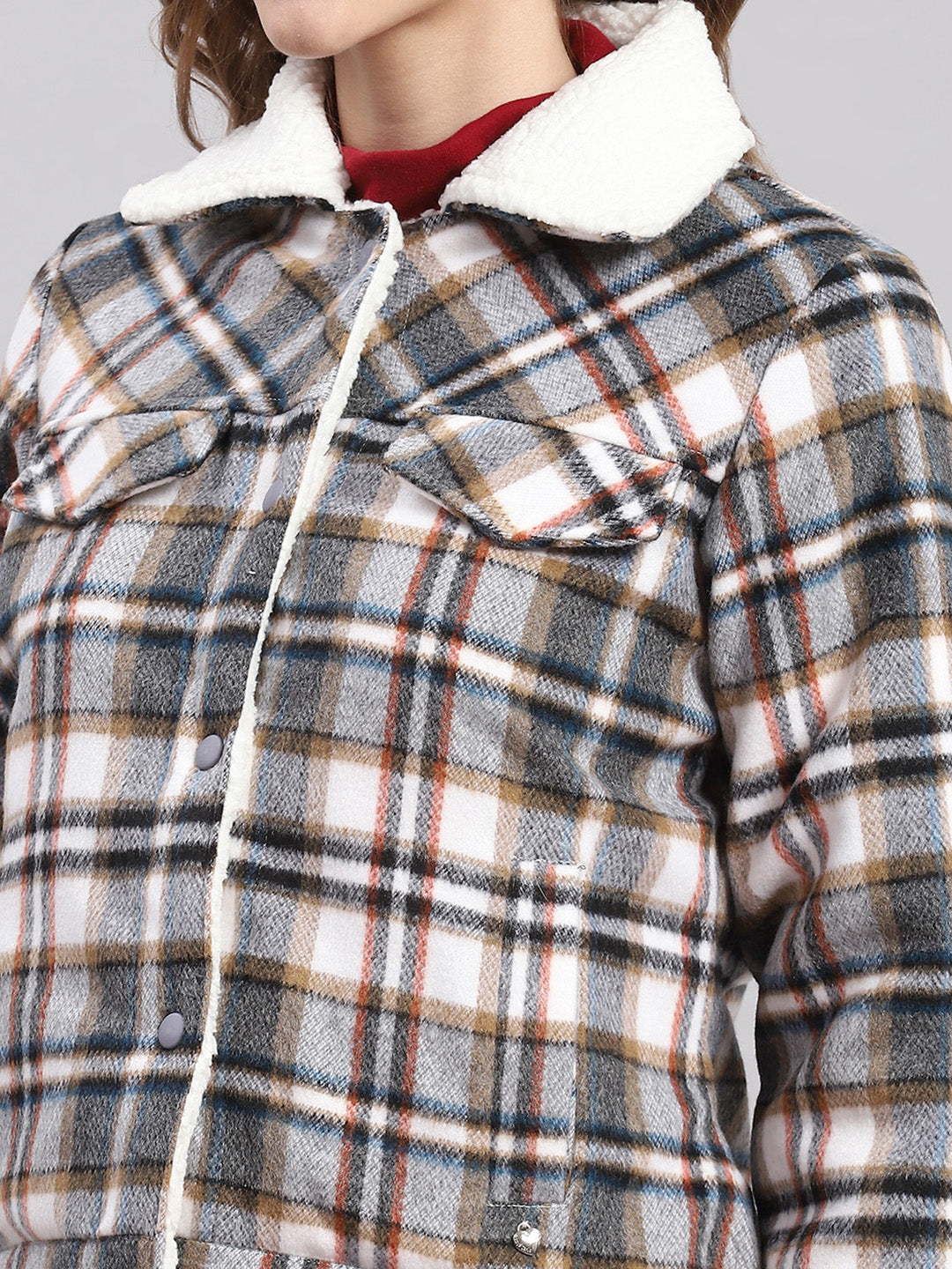 Women Grey Check Spread Collar Full Sleeve Jackets