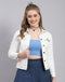 Women White Solid Collar Full Sleeve Jacket