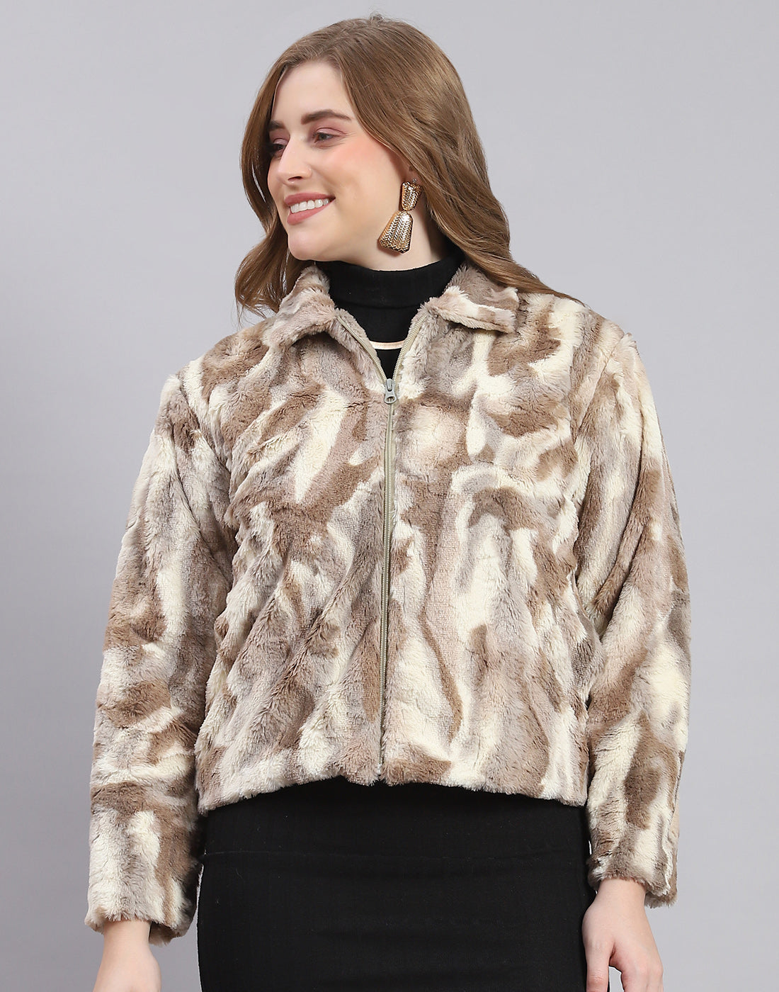 Women Brown Printed Stand Collar Full Sleeve Jacket