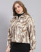 Women Brown Printed Stand Collar Full Sleeve Jacket