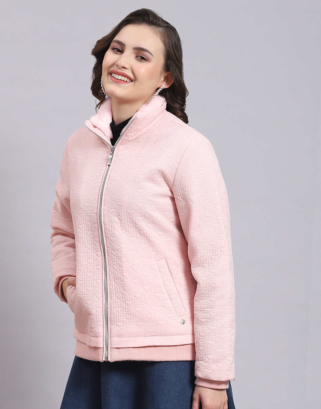 Women Pink Solid Stand Collar Full Sleeve Jacket
