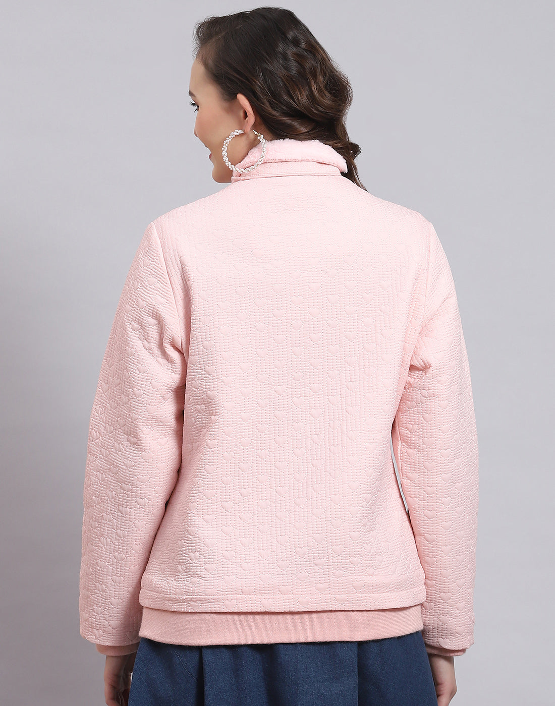 Women Pink Solid Stand Collar Full Sleeve Jacket