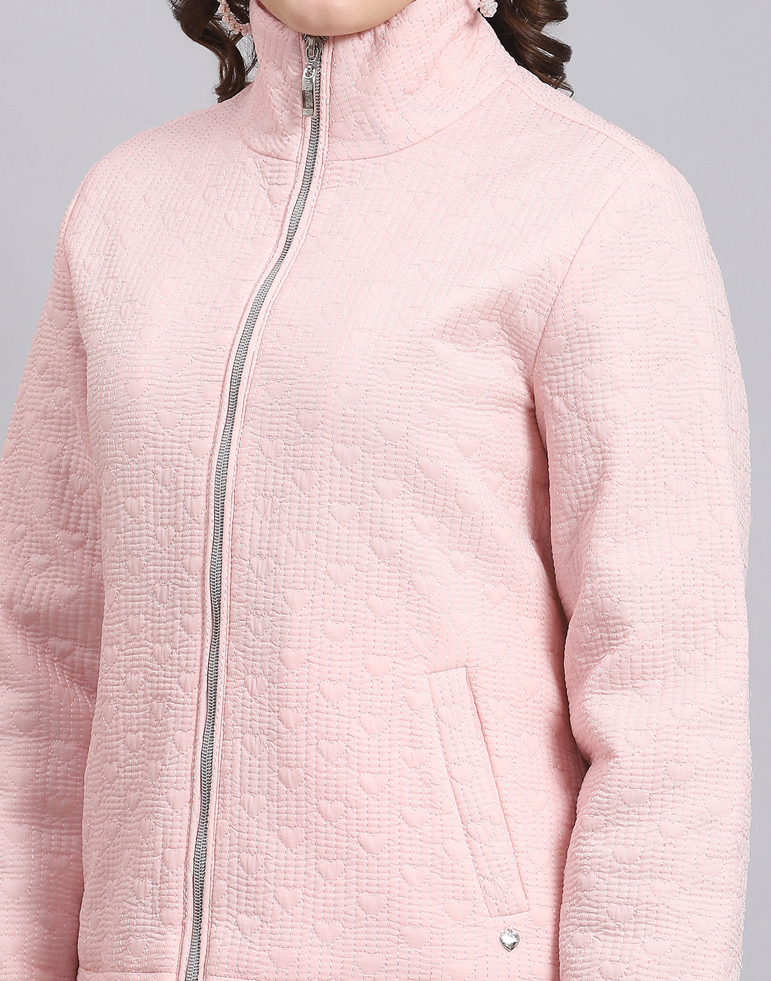Women Pink Solid Stand Collar Full Sleeve Jacket