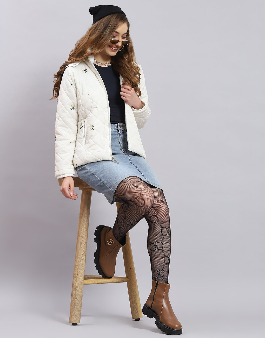 Women White Embroidered Hooded Full Sleeve Jacket