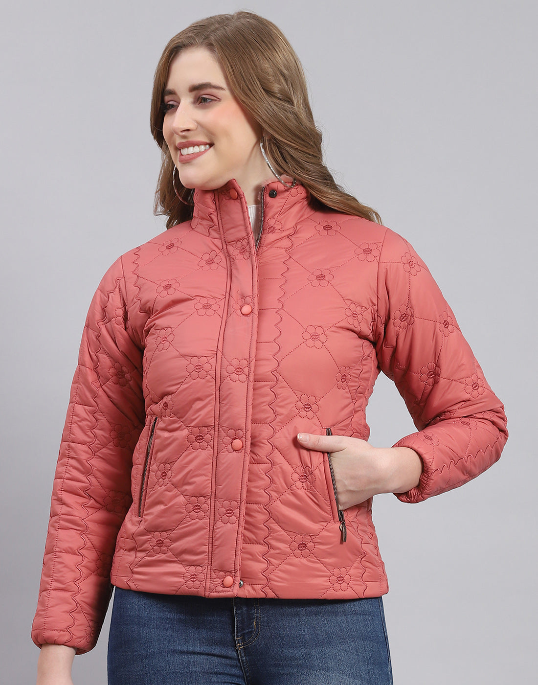 Women Coral Embroidered Stand Collar Full Sleeve Jacket