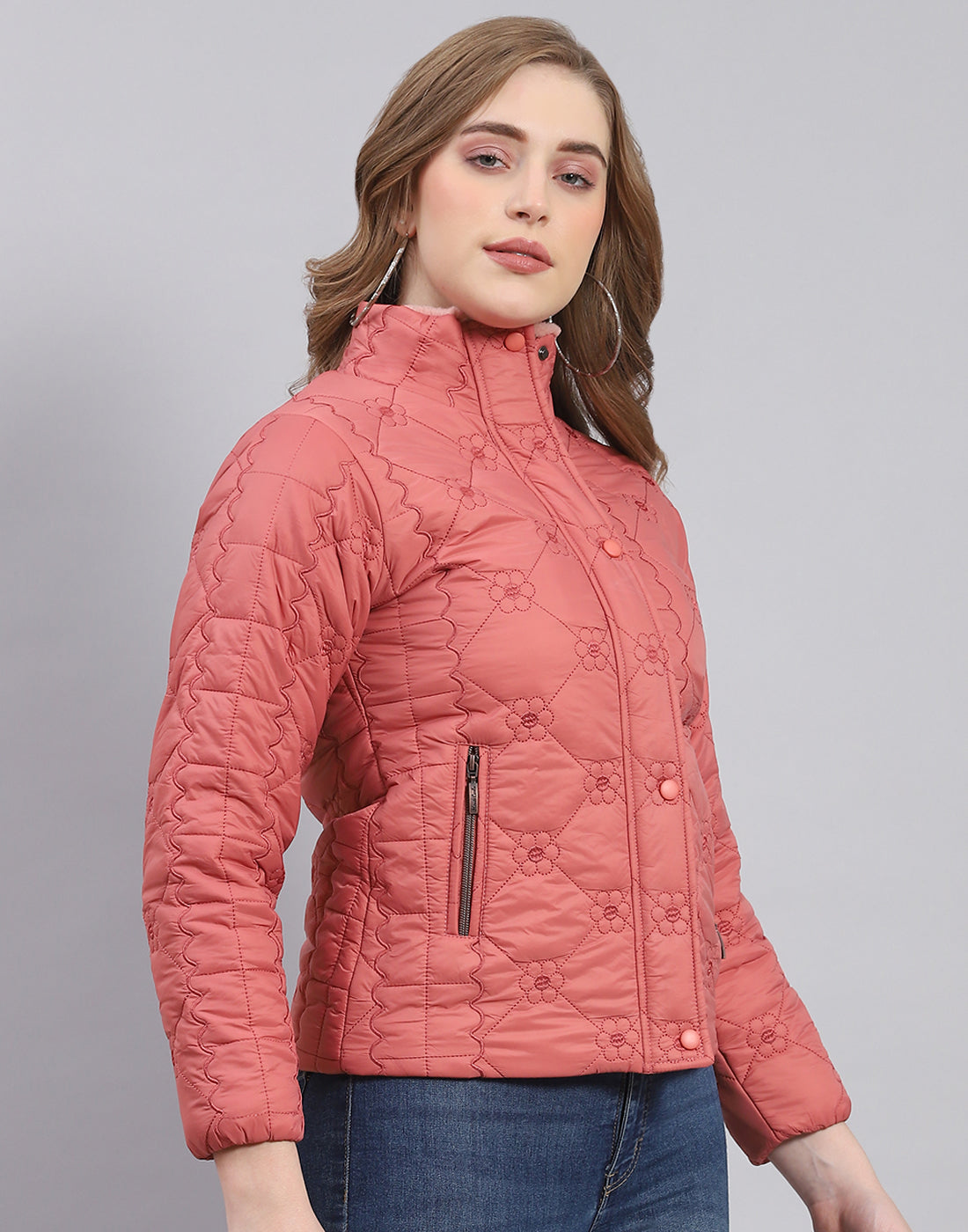 Women Coral Embroidered Stand Collar Full Sleeve Jacket