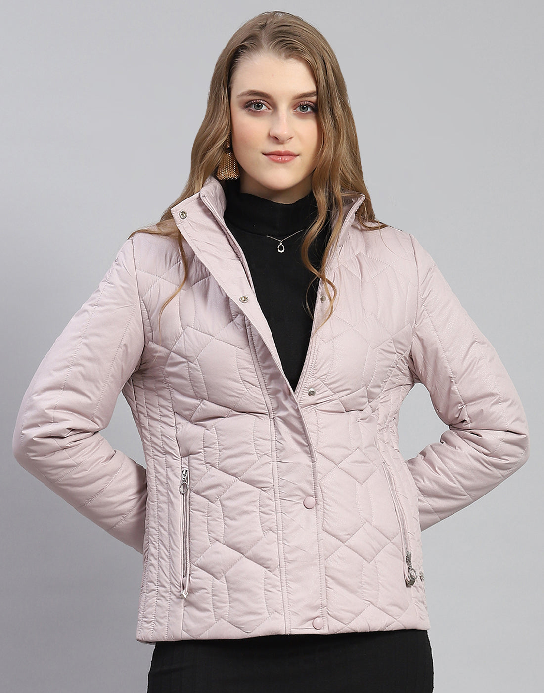 Women Purple Solid Stand Collar Full Sleeve Jacket