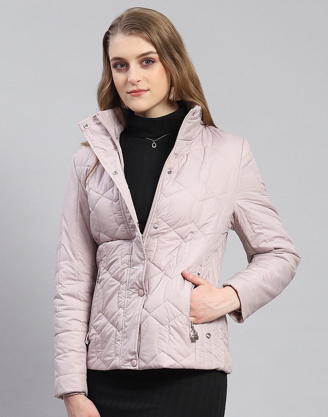 Women Purple Solid Stand Collar Full Sleeve Jacket