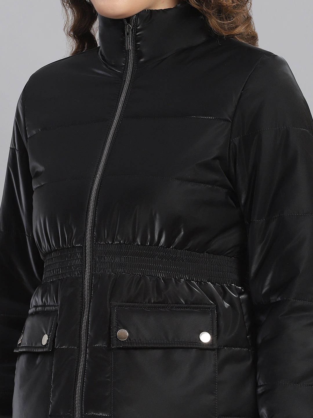 Women Black Solid Stand Collar Full Sleeve Jackets