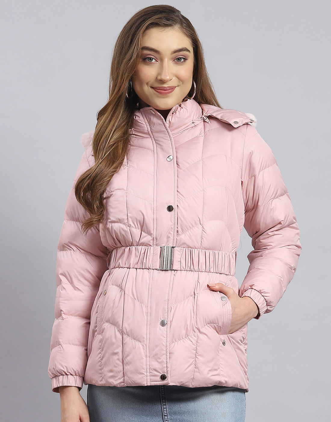 Women Pink Solid Hooded Full Sleeve Jacket