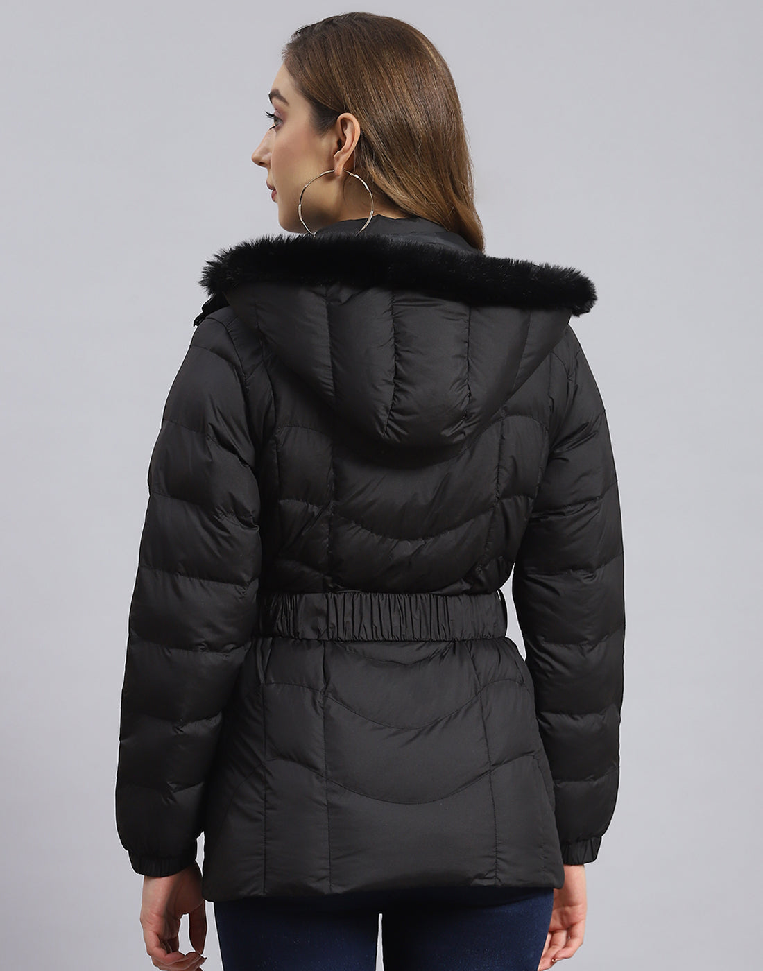 Women Black Solid Hooded Full Sleeve Jacket