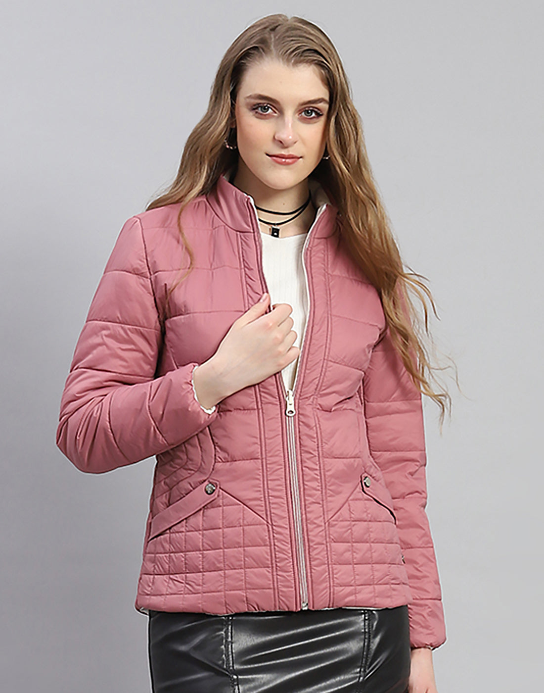 Women Pink Solid Stand Collar Full Sleeve Jacket