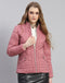 Women Pink Solid Stand Collar Full Sleeve Jacket