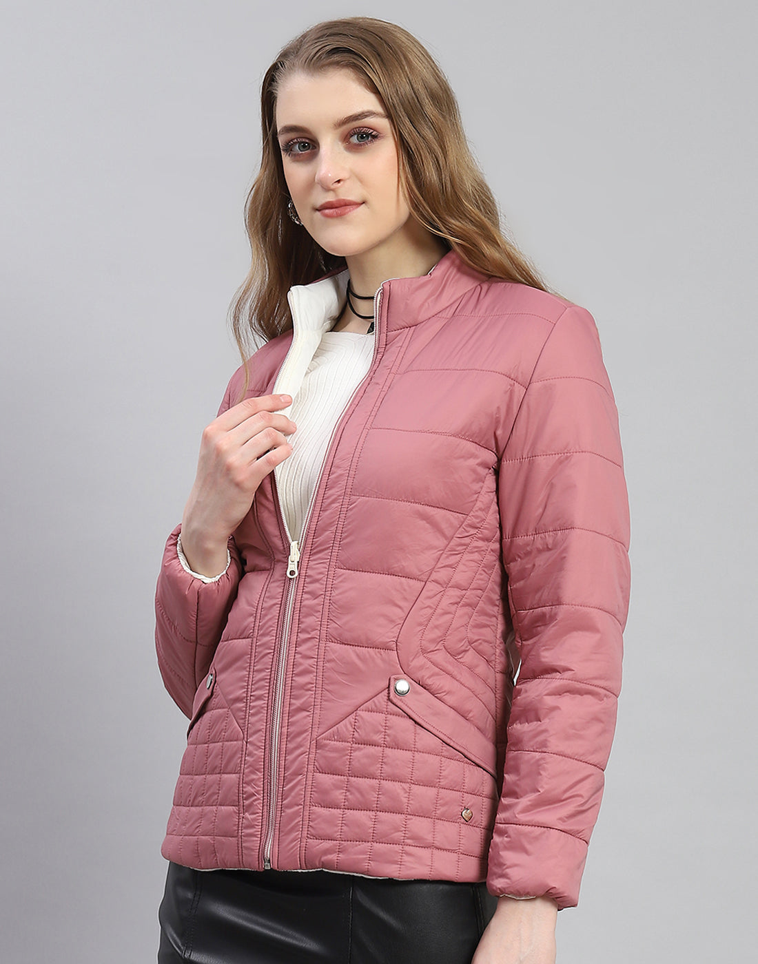 Women Pink Solid Stand Collar Full Sleeve Jacket