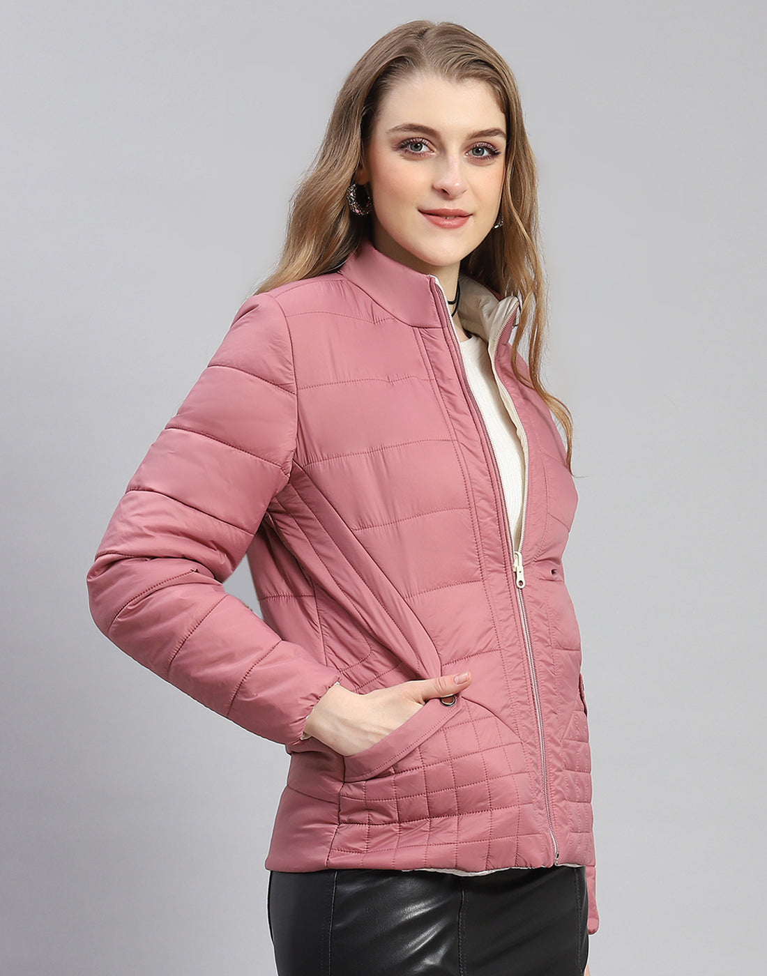 Women Pink Solid Stand Collar Full Sleeve Jacket