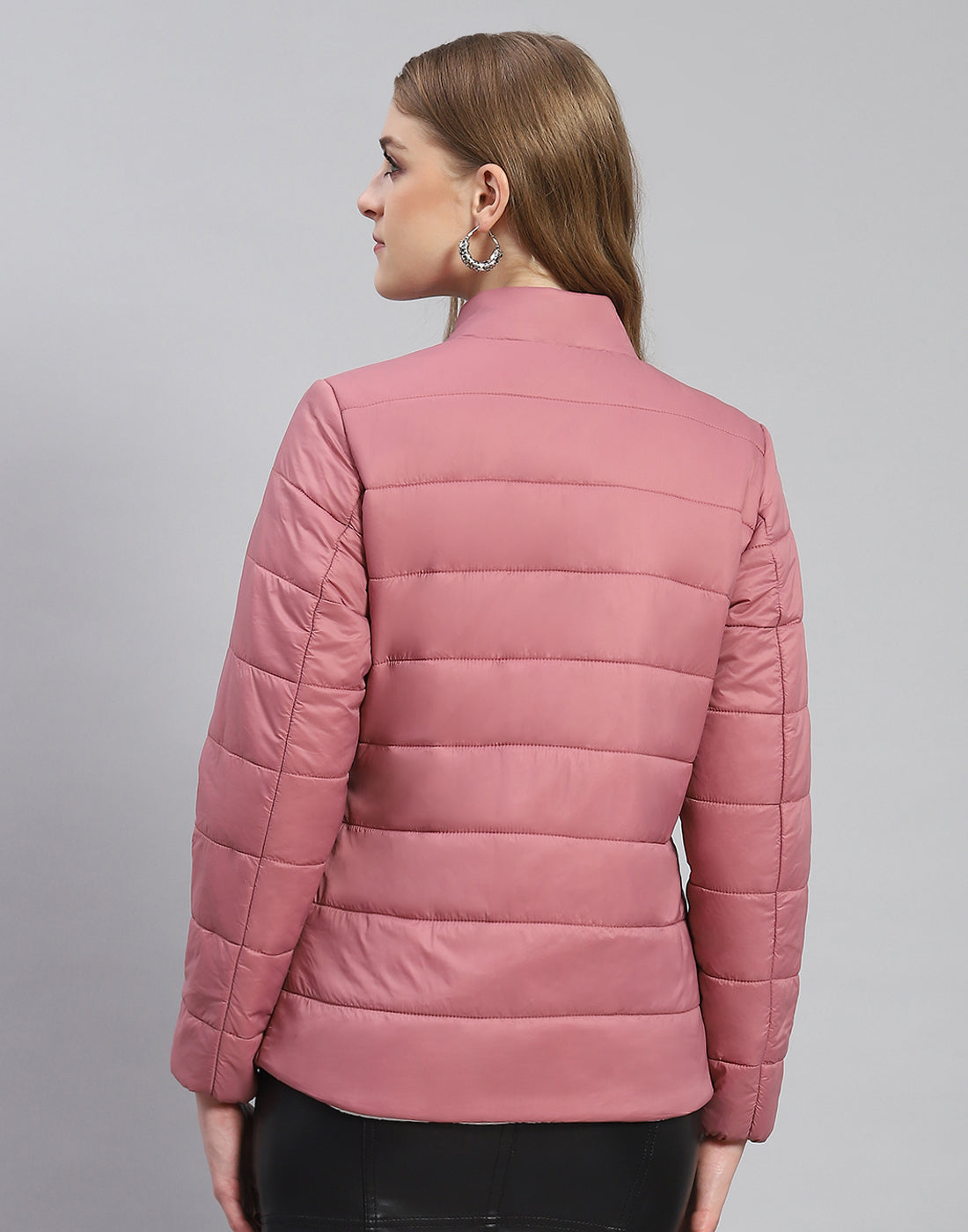 Women Pink Solid Stand Collar Full Sleeve Jacket