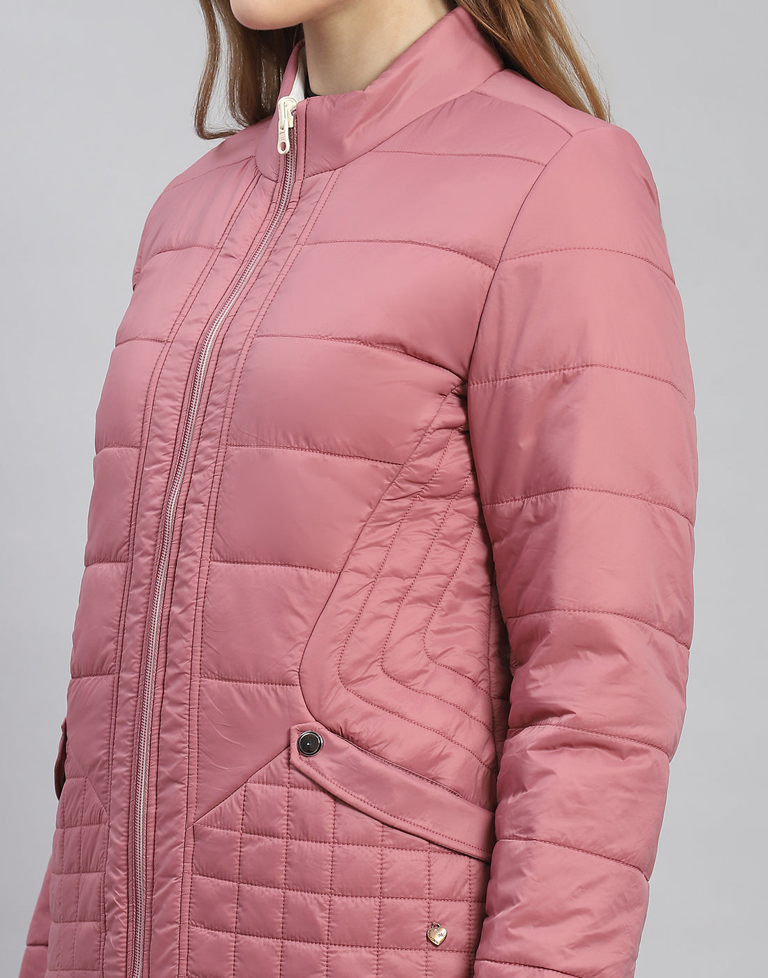 Women Pink Solid Stand Collar Full Sleeve Jacket