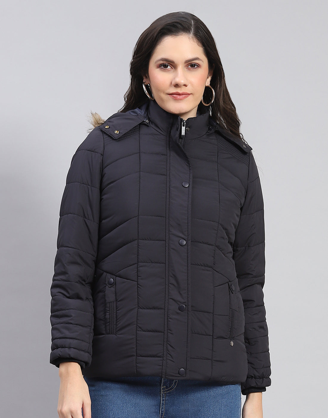 Women Navy Blue Solid Stand Collar Full Sleeve Jacket