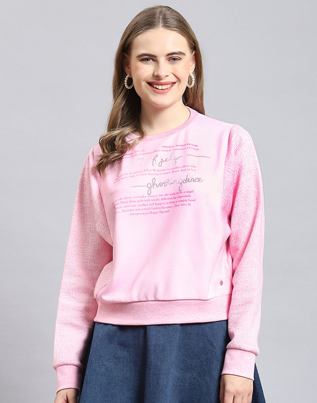 Women Pink Printed Round Neck Full Sleeve Sweatshirt