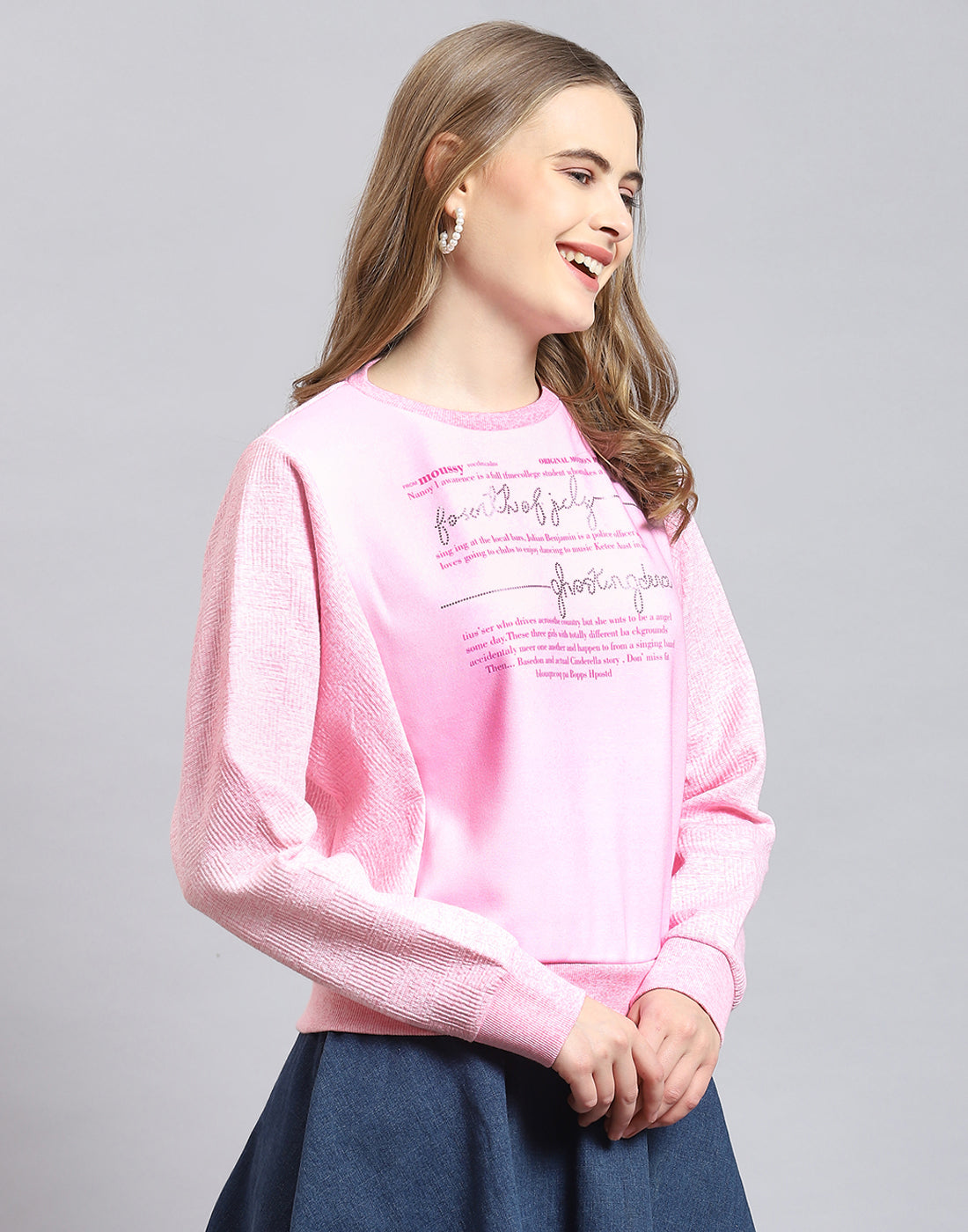 Women Pink Printed Round Neck Full Sleeve Sweatshirt