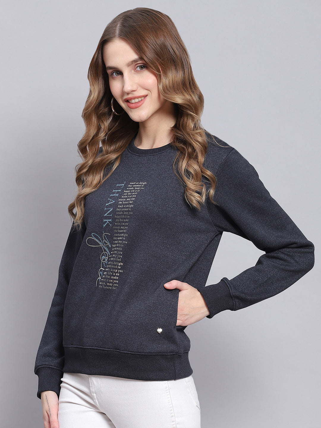 Women Navy Blue Printed Round Neck Full Sleeve Sweatshirts