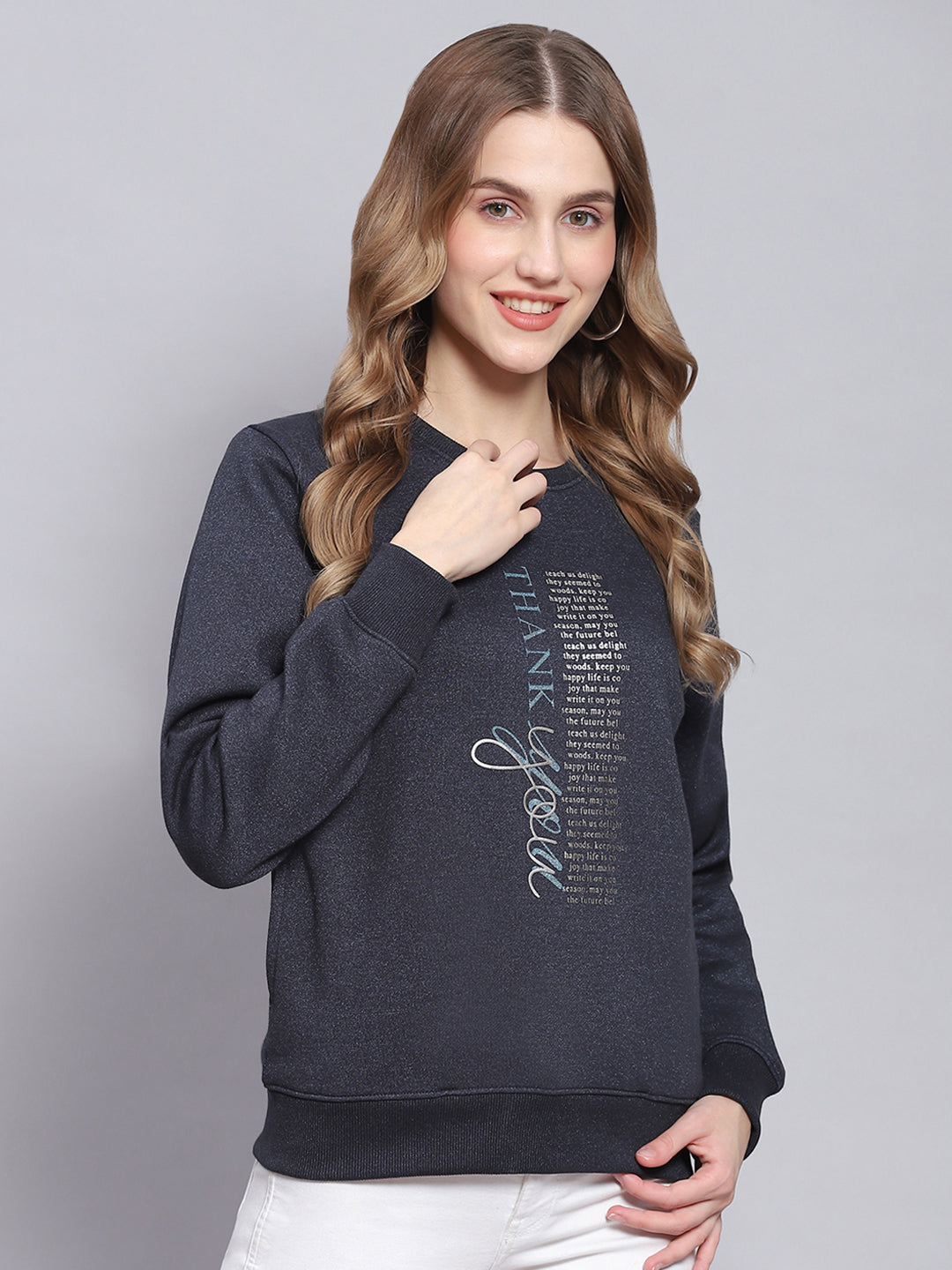 Women Navy Blue Printed Round Neck Full Sleeve Sweatshirts
