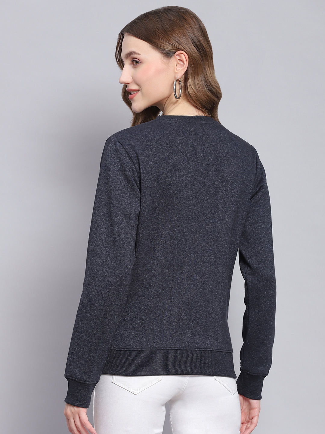 Women Navy Blue Printed Round Neck Full Sleeve Sweatshirts