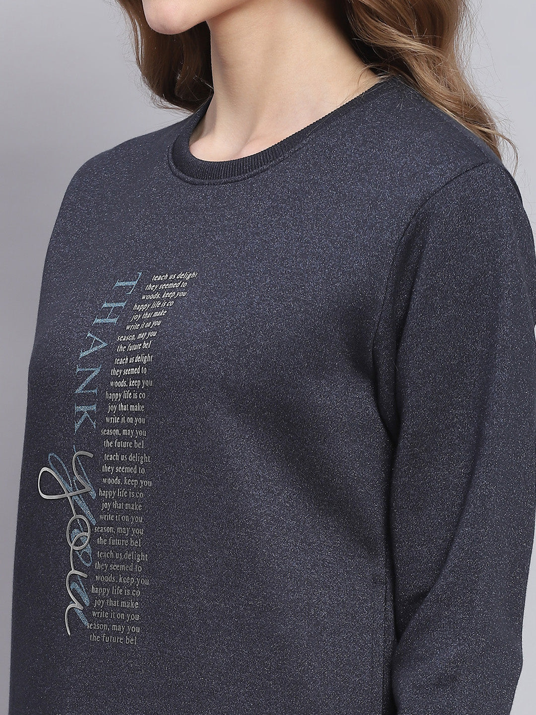 Women Navy Blue Printed Round Neck Full Sleeve Sweatshirts