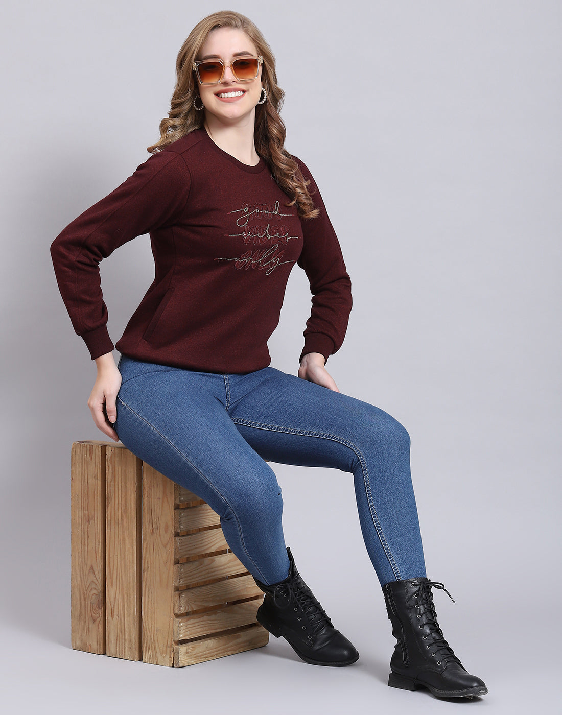 Women Maroon Embroidered Round Neck Full Sleeve Sweatshirt