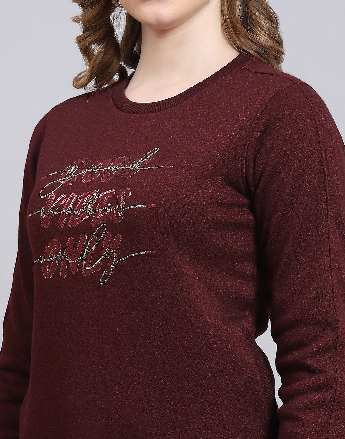 Women Maroon Embroidered Round Neck Full Sleeve Sweatshirt