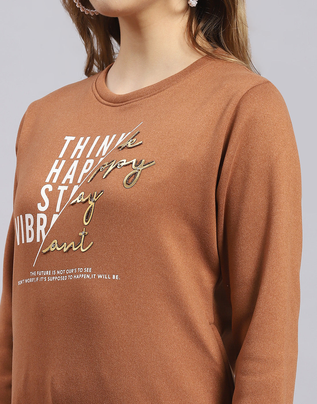 Women Brown Printed Round Neck Full Sleeve Sweatshirt