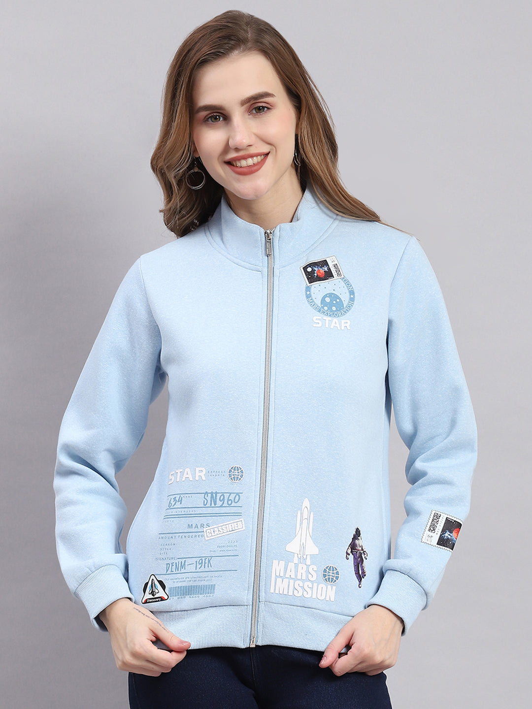 Women Blue Printed F Neck Full Sleeve Sweatshirts