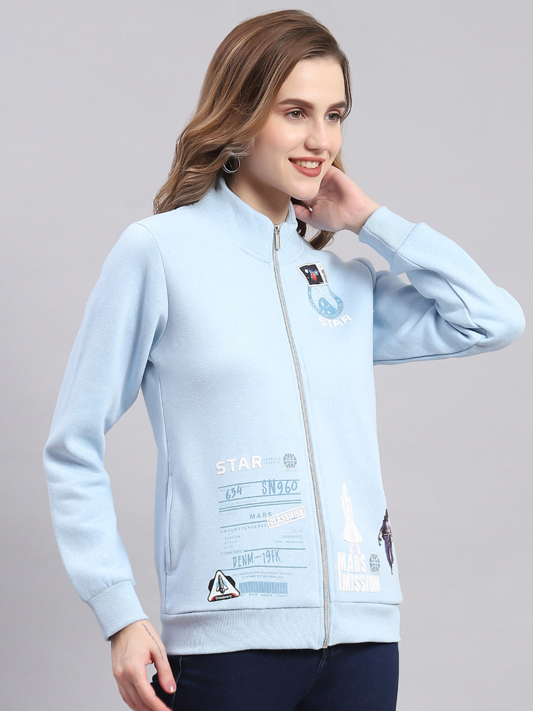 Women Blue Printed F Neck Full Sleeve Sweatshirts