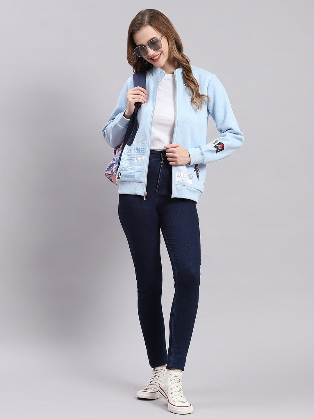 Women Blue Printed F Neck Full Sleeve Sweatshirts