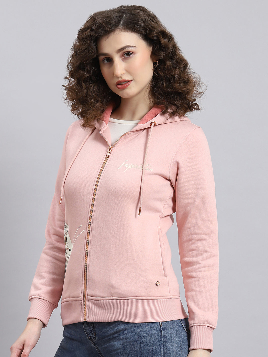 Women Pink Printed Hooded Full Sleeve Sweatshirt