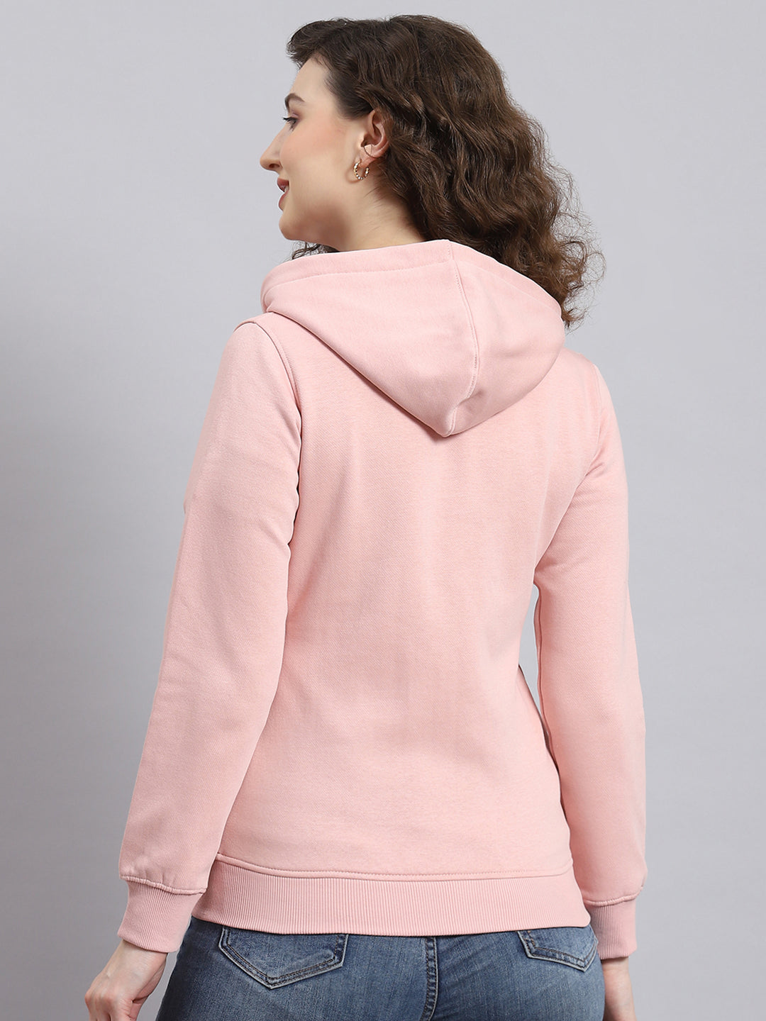 Women Pink Printed Hooded Full Sleeve Sweatshirt