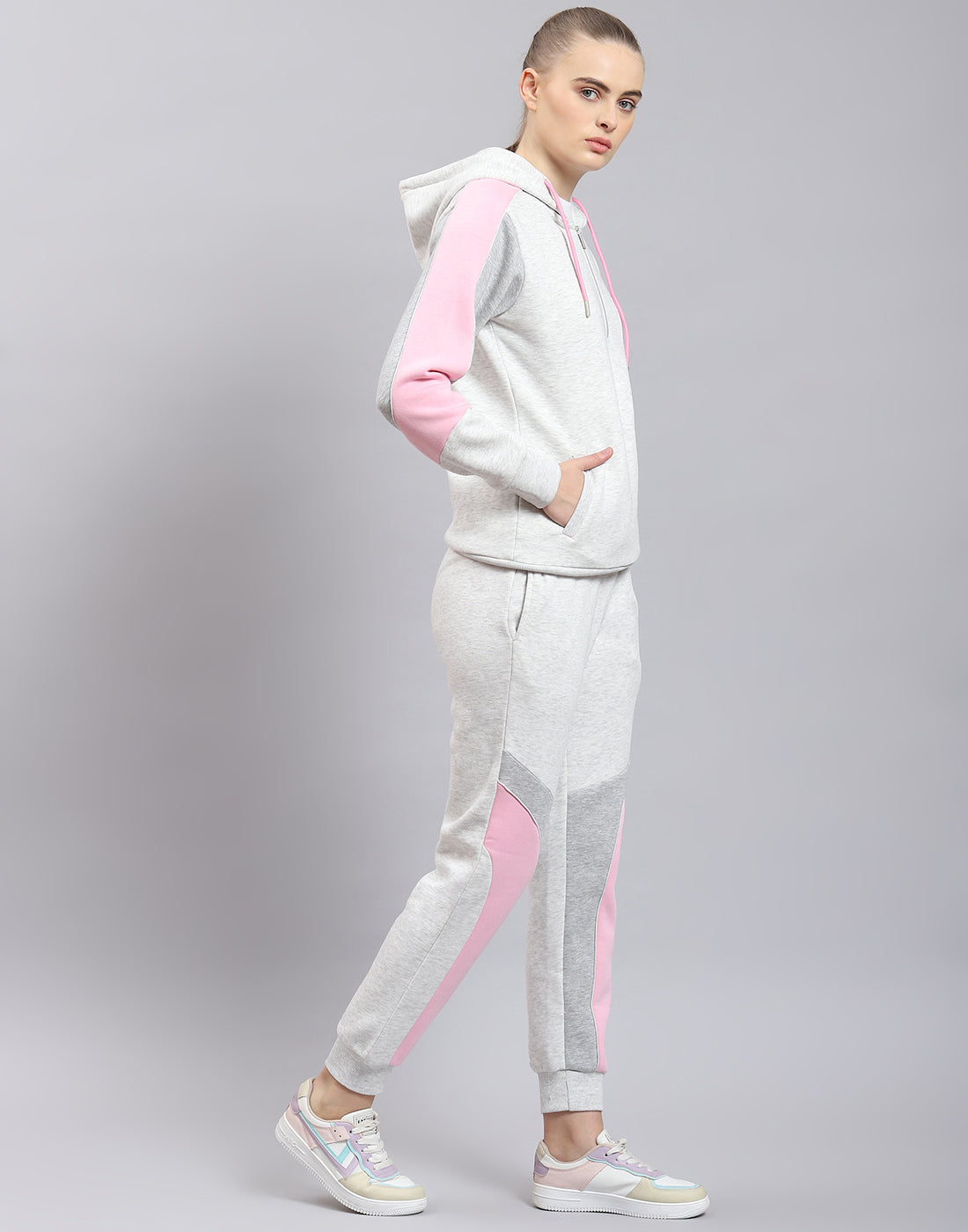 Women Grey Melange Solid Hooded Full Sleeve Tracksuit