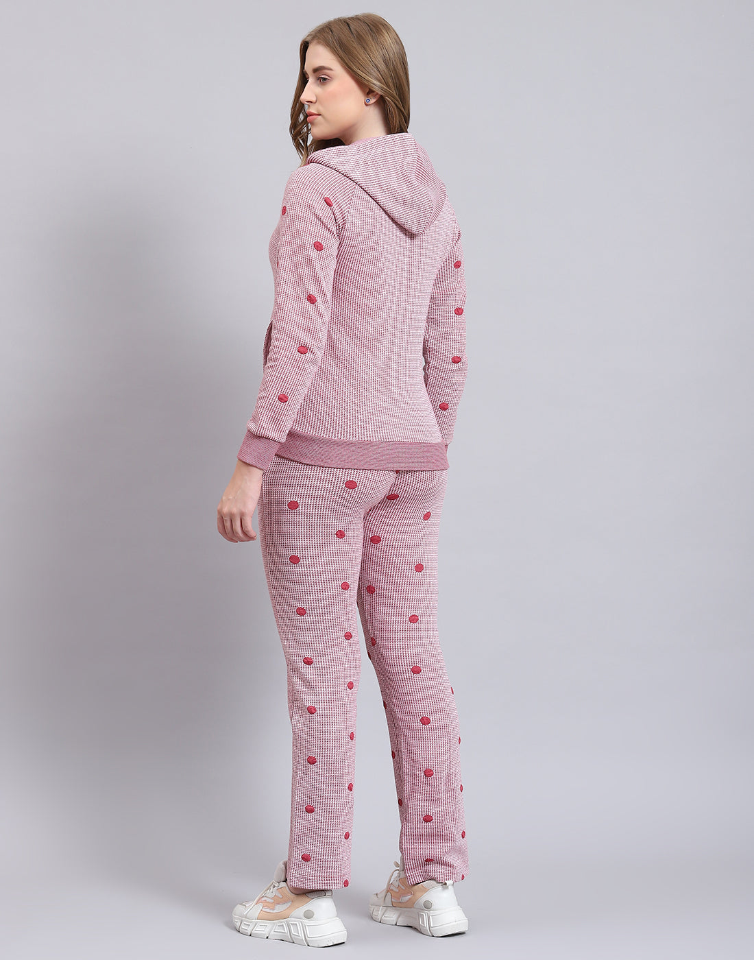 Women Pink Self Design Hooded Full Sleeve Tracksuit