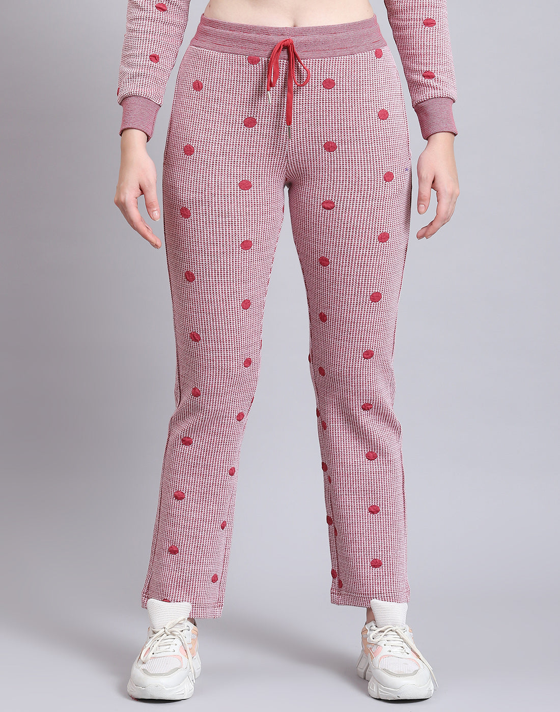 Women Pink Self Design Hooded Full Sleeve Tracksuit