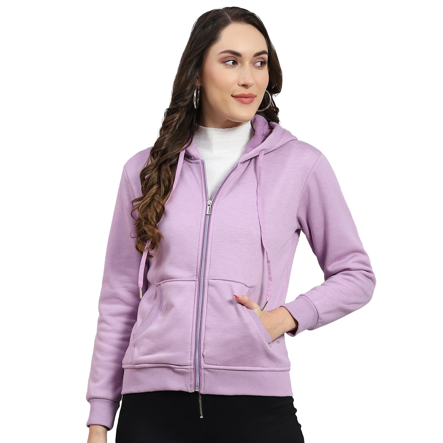 Women Purple Solid Hooded Full Sleeve Sweatshirt