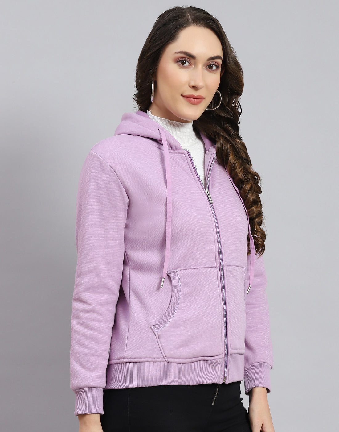 Women Purple Solid Hooded Full Sleeve Sweatshirt