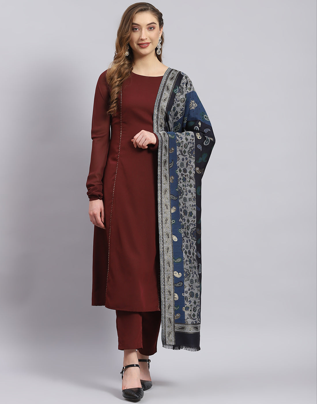 Women Teal Blue Self Design Shawl